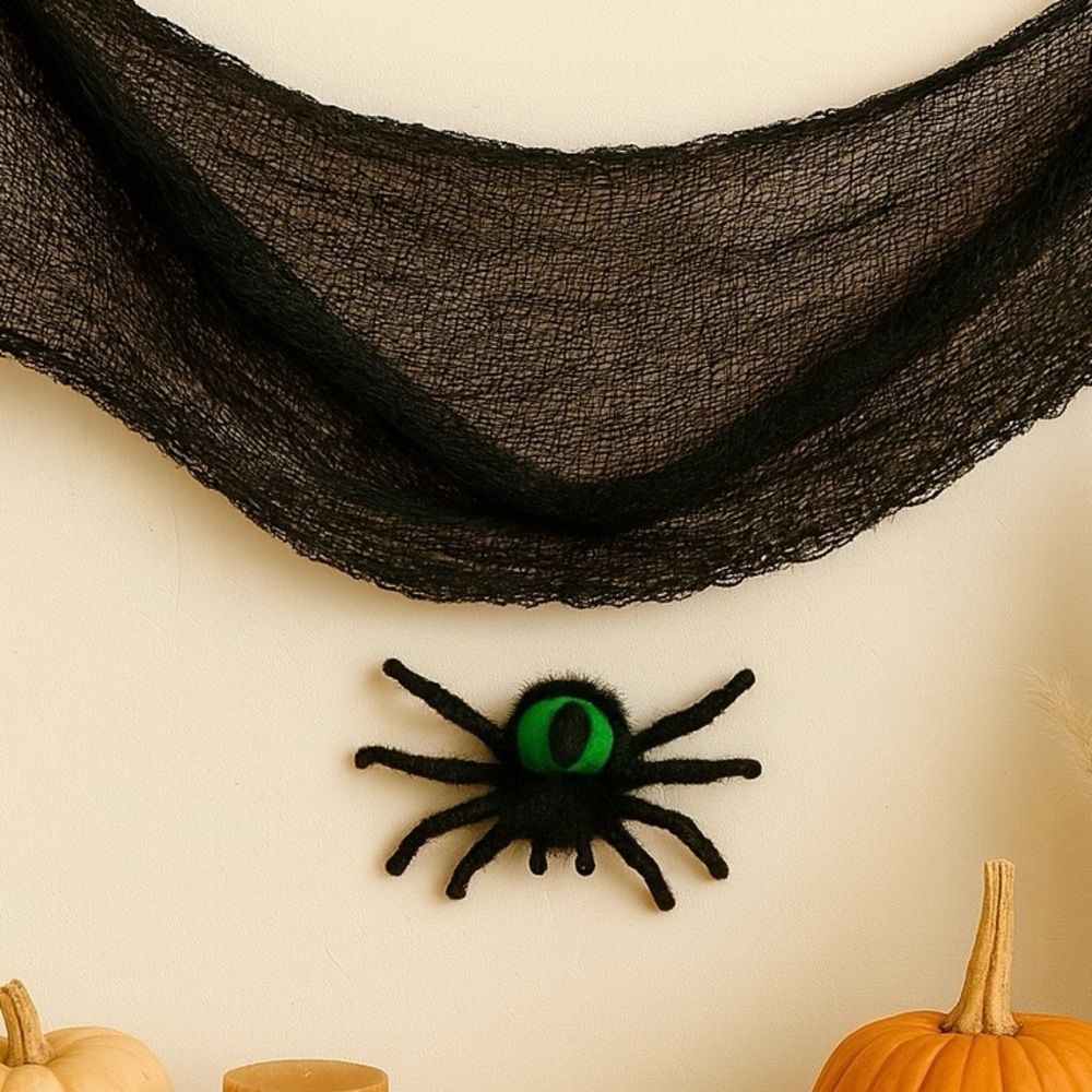 556.🐣 Black Creepy Cloth Halloween Décor + Poseable Plushy Spider – 3 Pc Bundle